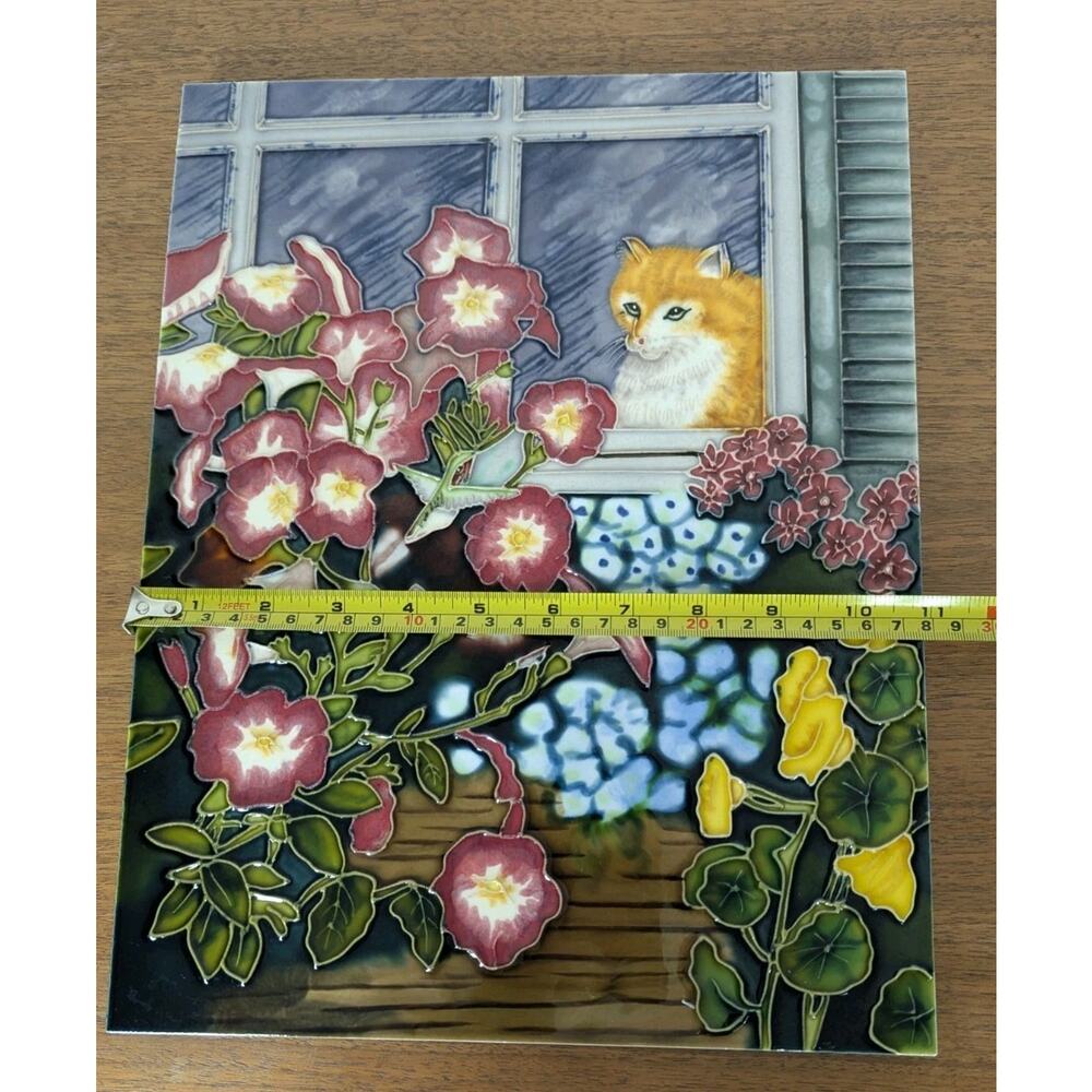 BENAYA Tile Art Plaque Flowers & Cat In Window 11" x 14" With Original Box - Picture 8 of 8